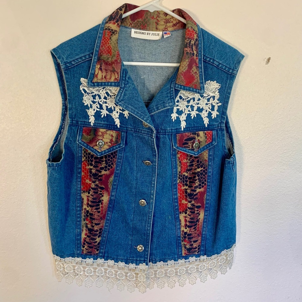 Designs by Julie Denim Vest Lace Trim Snakeskin Print USA Made Womens XL Vintage - Picture 2 of 7